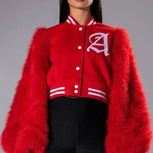 AKIRA Scarlet Faux Fur Varsity Jacket